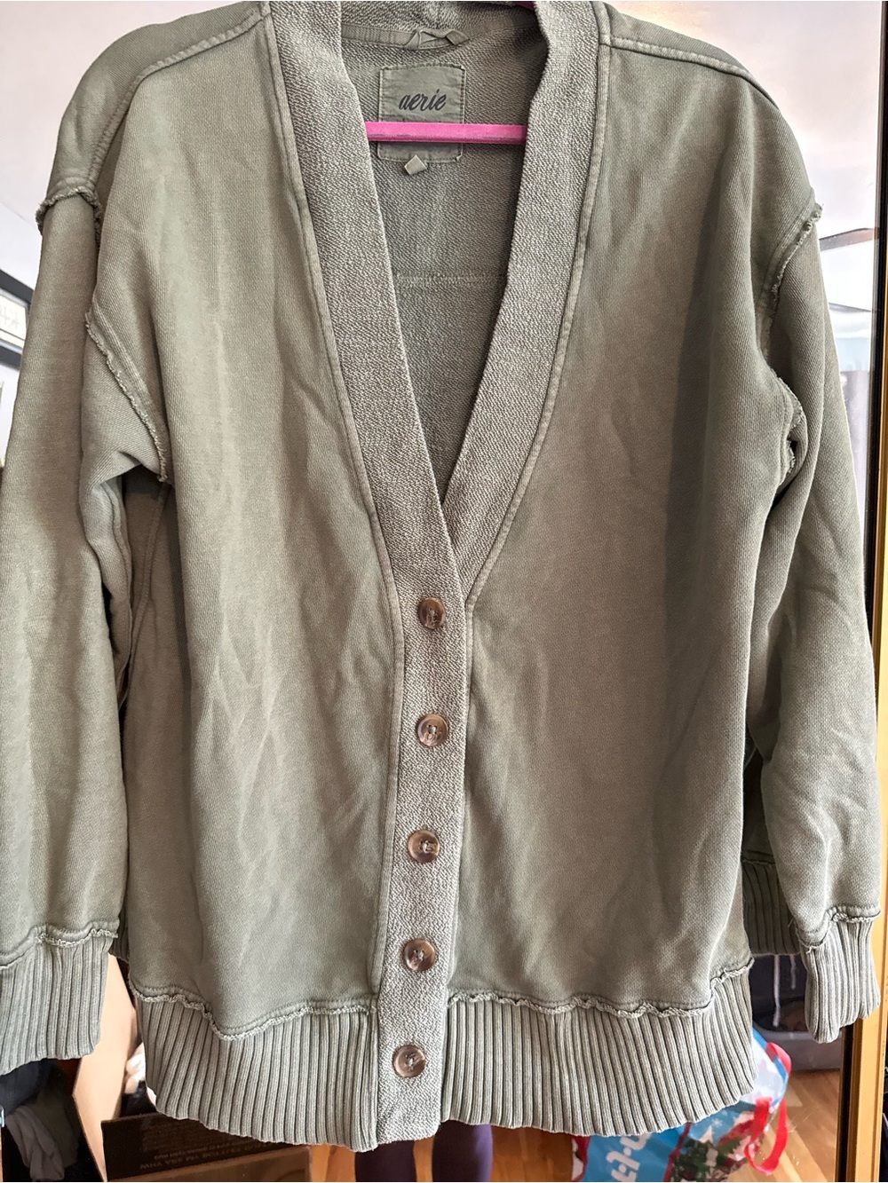 aerie Olive Green V-Neck Button Cardigan